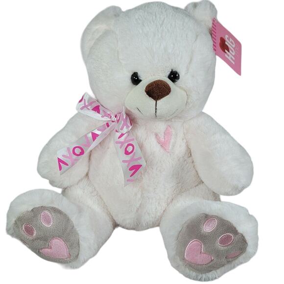 White Teddy Bear Plush Bear Dan Dee Pink Heart Paws Bow Stuffed Animal Valentine - Picture 1 of 9